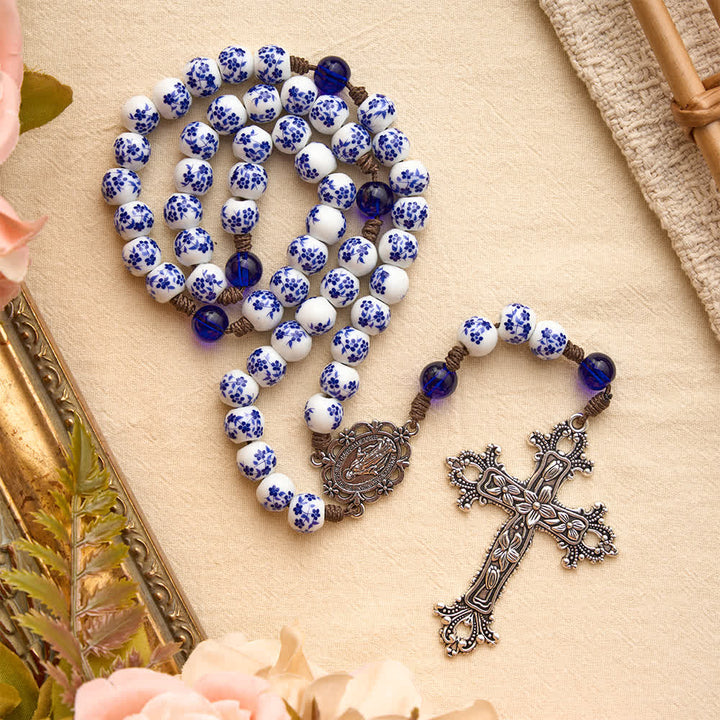 Christianartworkshop Floral Blue‑and‑White Porcelain Rosary With Floral Silver Cross & Virgin Mary Medal - image 2