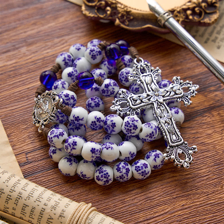 Christianartworkshop Floral Blue‑and‑White Porcelain Rosary With Floral Silver Cross & Virgin Mary Medal - image 4