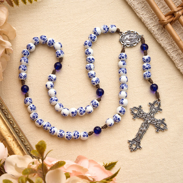 Christianartworkshop Floral Blue‑and‑White Porcelain Rosary With Floral Silver Cross & Virgin Mary Medal - image 3