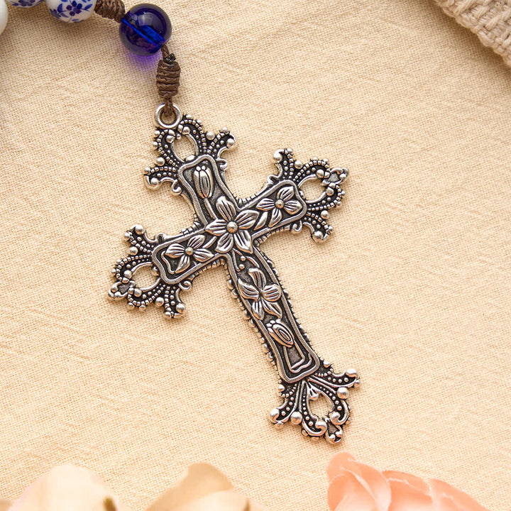 Christianartworkshop Floral Blue‑and‑White Porcelain Rosary With Floral Silver Cross & Virgin Mary Medal - image 7