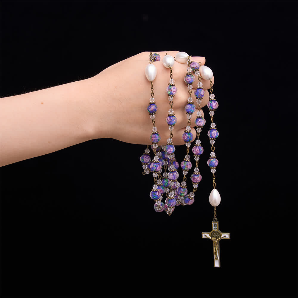 Christianartworkshop Antique‑Tone Chain Blue Glass Floral Beads Rosary With Our Lady Medallion & Detailed Crucifix - image 1