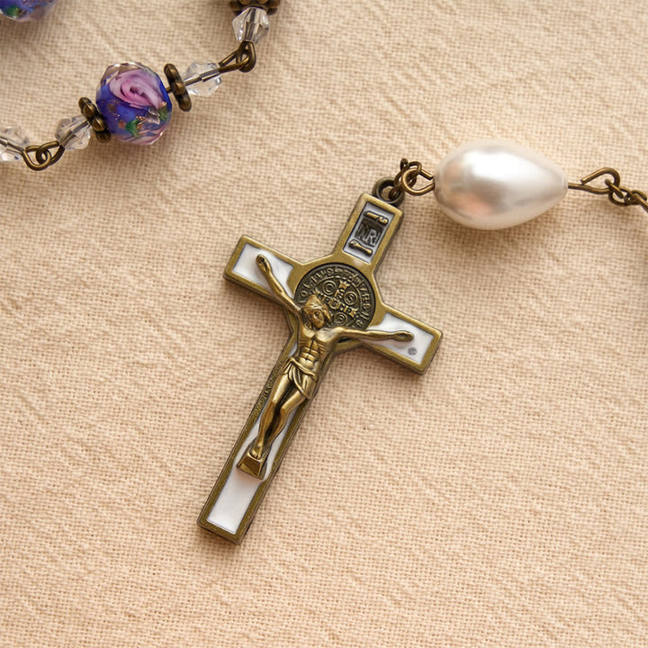 Christianartworkshop Antique‑Tone Chain Blue Glass Floral Beads Rosary With Our Lady Medallion & Detailed Crucifix - image 7