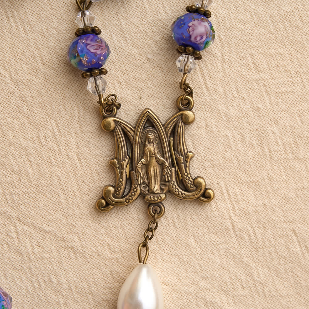 Christianartworkshop Antique‑Tone Chain Blue Glass Floral Beads Rosary With Our Lady Medallion & Detailed Crucifix - image 6