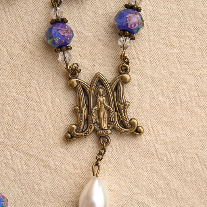 Christianartworkshop Antique‑Tone Chain Blue Glass Floral Beads Rosary With Our Lady Medallion & Detailed Crucifix - image 6
