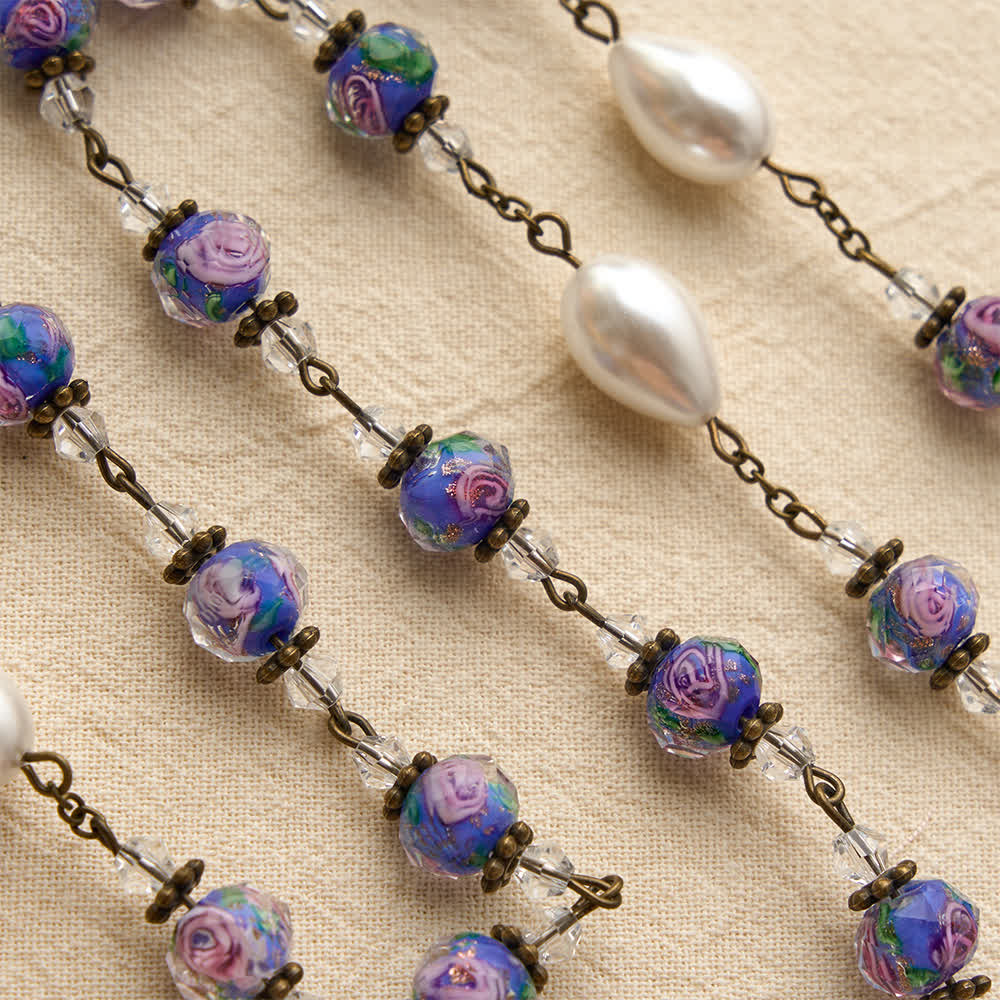 Christianartworkshop Antique‑Tone Chain Blue Glass Floral Beads Rosary With Our Lady Medallion & Detailed Crucifix - image 5