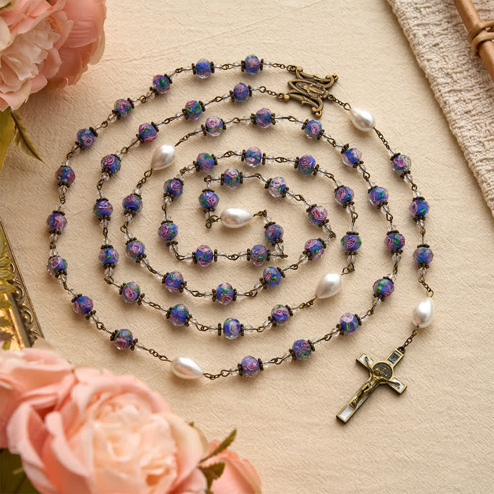 Christianartworkshop Antique‑Tone Chain Blue Glass Floral Beads Rosary With Our Lady Medallion & Detailed Crucifix - image 2