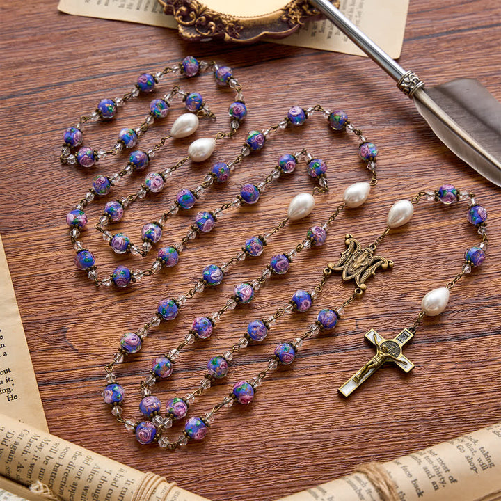 Christianartworkshop Antique‑Tone Chain Blue Glass Floral Beads Rosary With Our Lady Medallion & Detailed Crucifix - Vintage Floral Beads Rosay - image 0