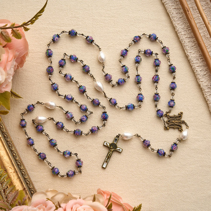 Christianartworkshop Antique‑Tone Chain Blue Glass Floral Beads Rosary With Our Lady Medallion & Detailed Crucifix - image 3