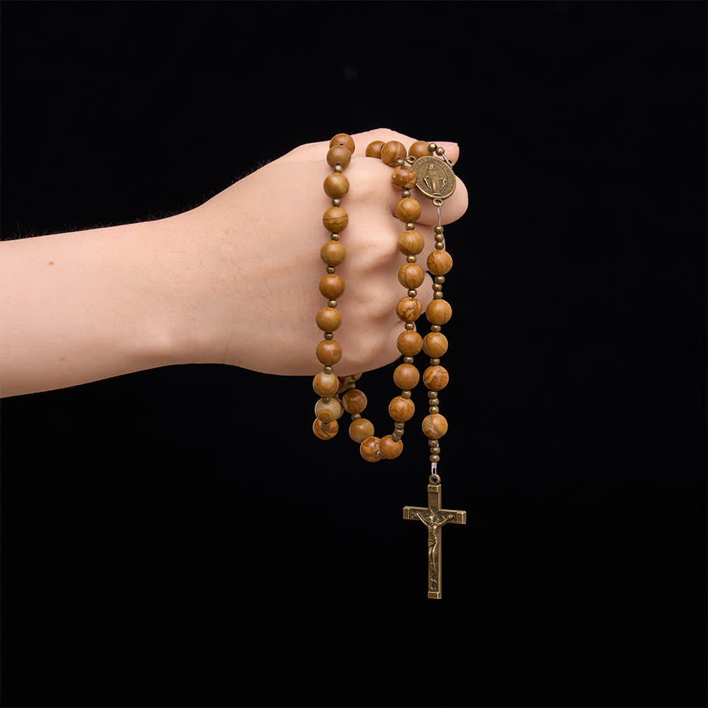 Christianartworkshop Polished Wood‑Pattern Stone Rosary With Our Lady Medallion: Emblem of Grounded Heavenly Solace - image 1