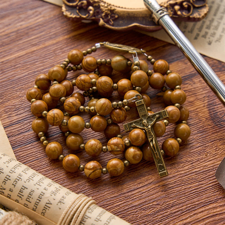 Christianartworkshop Polished Wood‑Pattern Stone Rosary With Our Lady Medallion: Emblem of Grounded Heavenly Solace - image 4