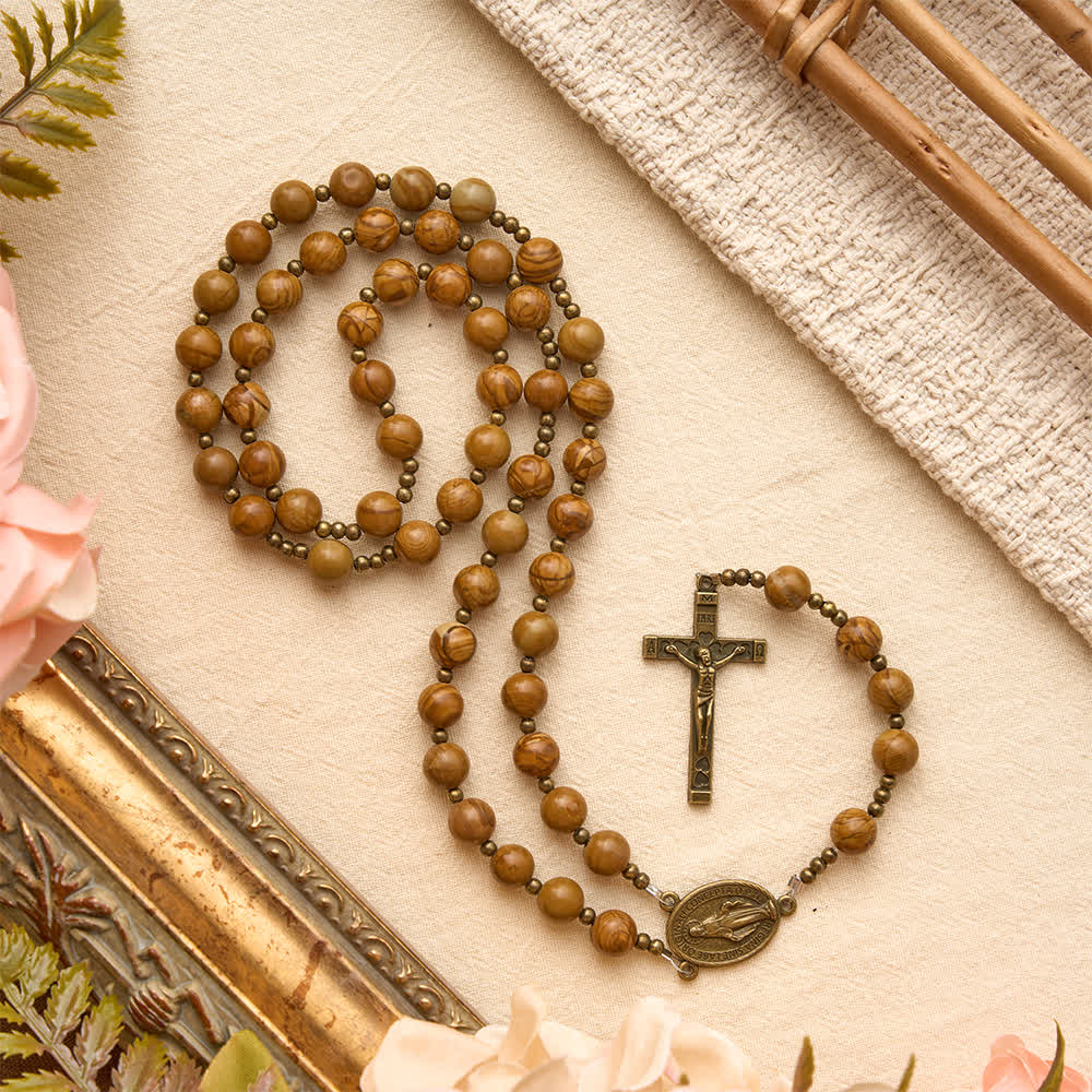 Christianartworkshop Polished Wood‑Pattern Stone Rosary With Our Lady Medallion: Emblem of Grounded Heavenly Solace - image 2