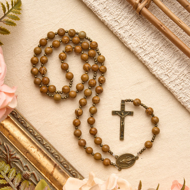 Christianartworkshop Polished Wood‑Pattern Stone Rosary With Our Lady Medallion: Emblem of Grounded Heavenly Solace - image 2
