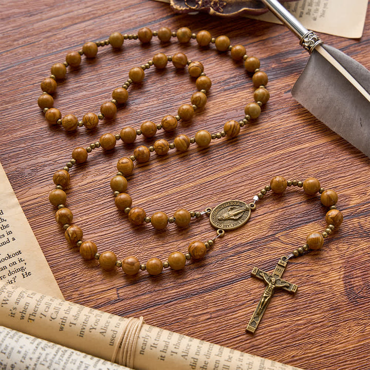 Christianartworkshop Polished Wood‑Pattern Stone Rosary With Our Lady Medallion: Emblem of Grounded Heavenly Solace - image 3