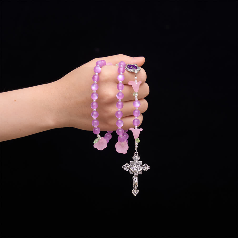 Christianartworkshop Luminous Resin Cat‑Eye Bead Rosary With Delicate Lily Accents: Emblem of Gentle Heavenly Solace - image 1