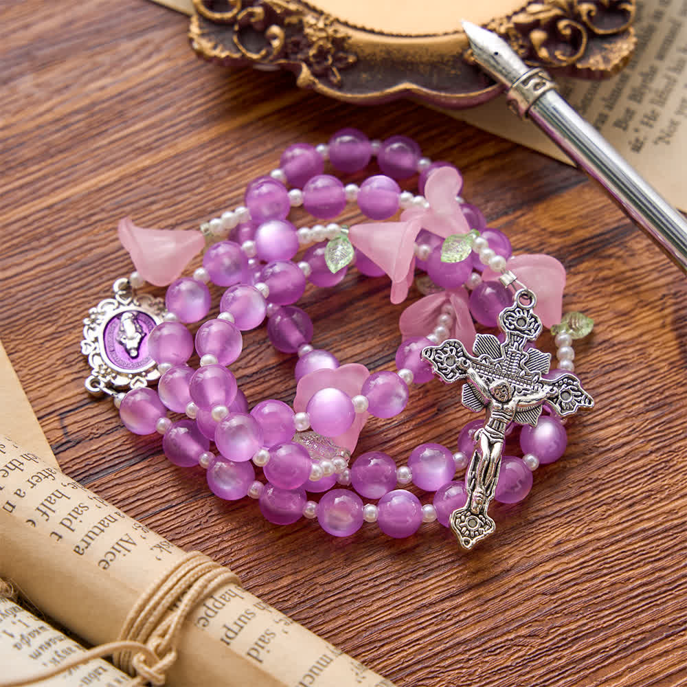 Christianartworkshop Luminous Resin Cat‑Eye Bead Rosary With Delicate Lily Accents: Emblem of Gentle Heavenly Solace - image 3