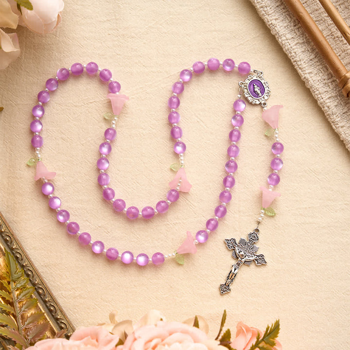 Christianartworkshop Luminous Resin Cat‑Eye Bead Rosary With Delicate Lily Accents: Emblem of Gentle Heavenly Solace - image 4