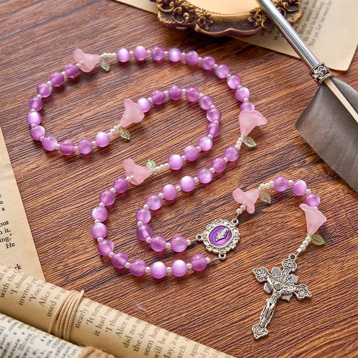 Christianartworkshop Luminous Resin Cat‑Eye Bead Rosary With Delicate Lily Accents: Emblem of Gentle Heavenly Solace - Purple Lily Beads Rosary - image 0
