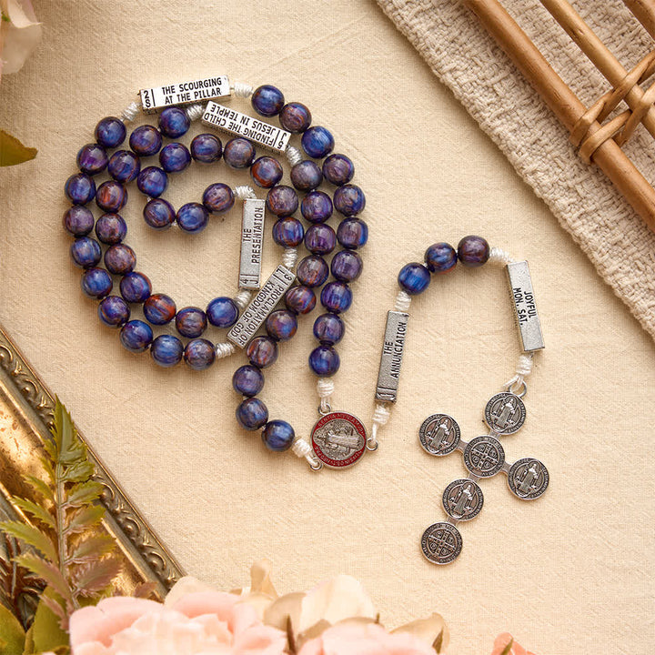Christianartworkshop Engraved Scripture‑Node Resin Bead Rosary With St.Benedict Cross: Emblem of Focused Heavenly Solace - image 2