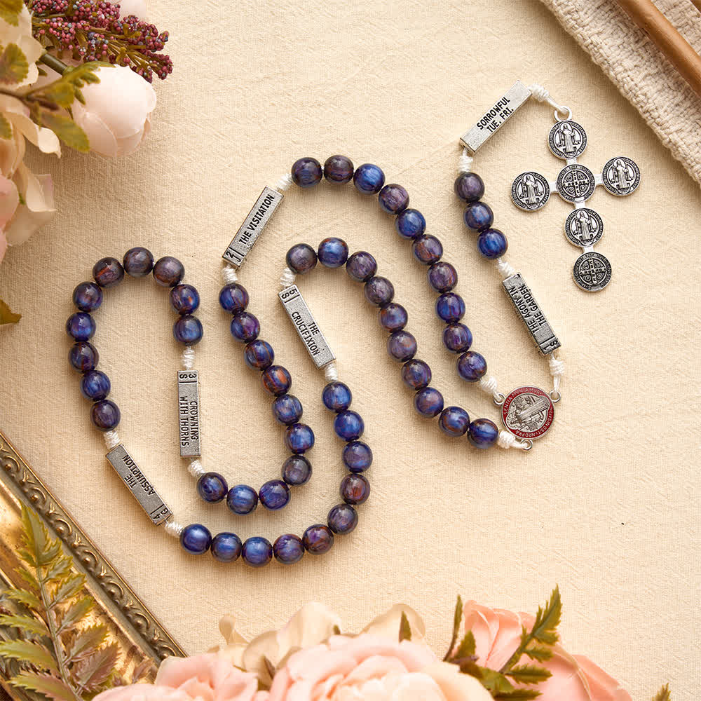 Christianartworkshop Engraved Scripture‑Node Resin Bead Rosary With St.Benedict Cross: Emblem of Focused Heavenly Solace - St.Benedict-Themed Rosary - image 0