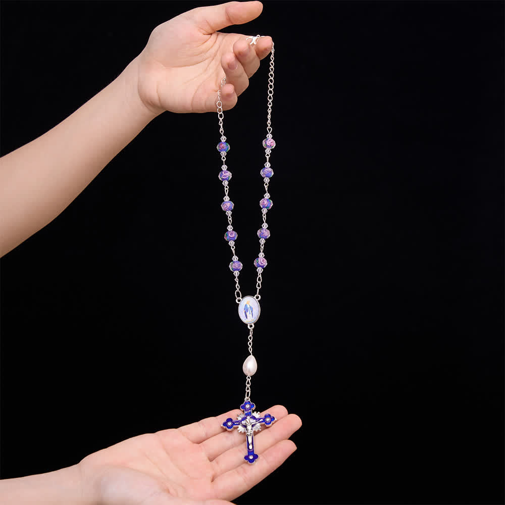 Christianartworkshop Compact Floral Glass Pocket & Car Rosary With Our Lady Medallion: Emblem of Gentle Heavenly Solace - image 4