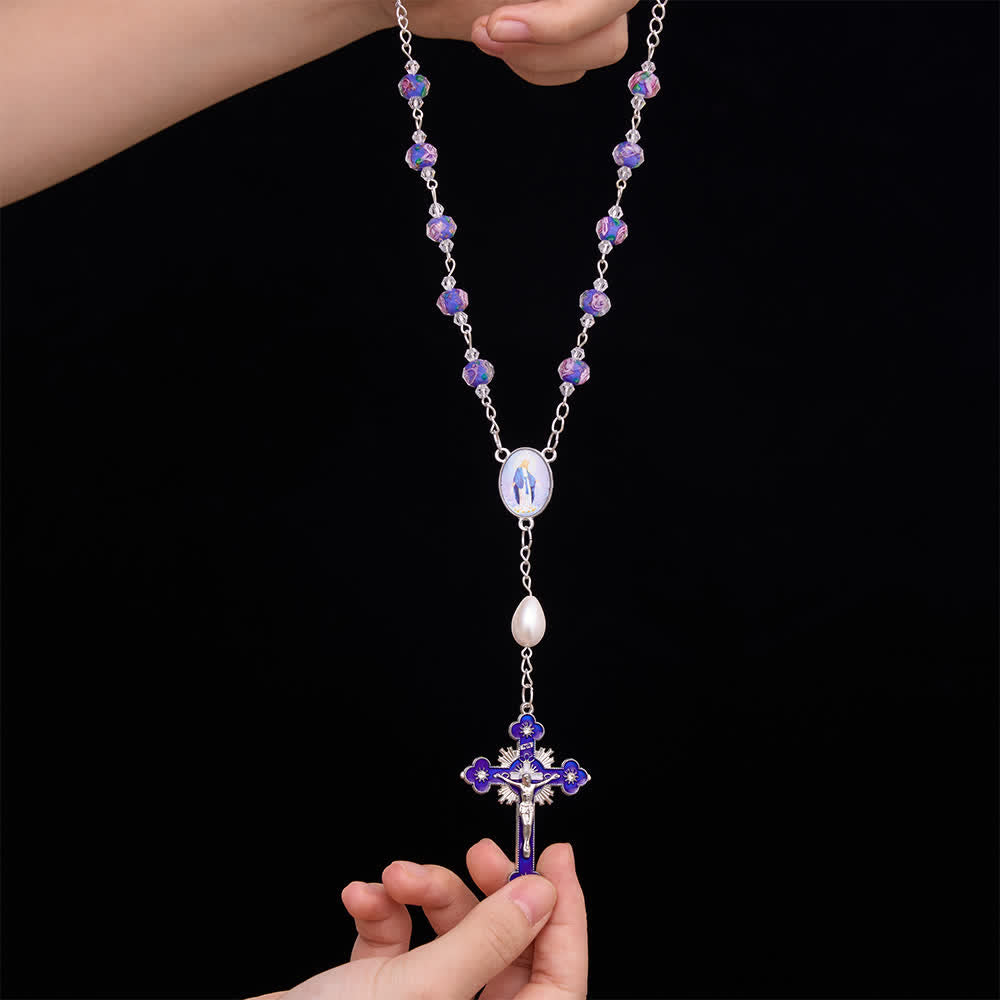 Christianartworkshop Compact Floral Glass Pocket & Car Rosary With Our Lady Medallion: Emblem of Gentle Heavenly Solace - image 5