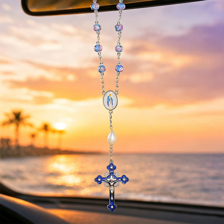 Christianartworkshop Compact Floral Glass Pocket & Car Rosary With Our Lady Medallion: Emblem of Gentle Heavenly Solace - image 1