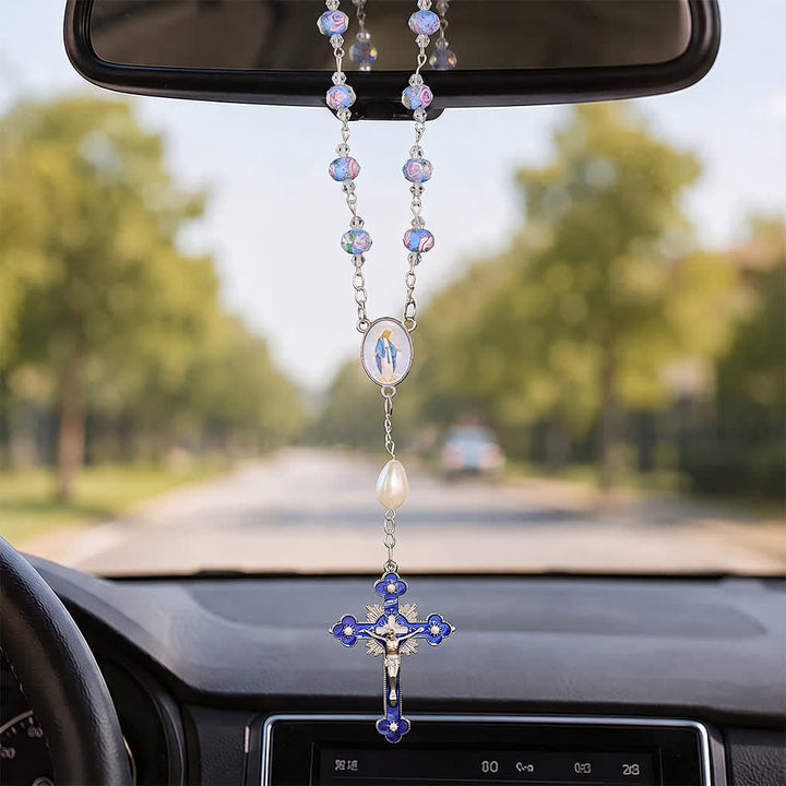Christianartworkshop Compact Floral Glass Pocket & Car Rosary With Our Lady Medallion: Emblem of Gentle Heavenly Solace - Blue Floral Car Rosary - image 0