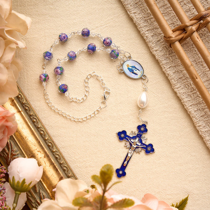 Christianartworkshop Compact Floral Glass Pocket & Car Rosary With Our Lady Medallion: Emblem of Gentle Heavenly Solace - image 7
