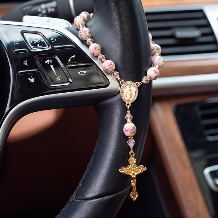 FREE Today: Floral Painted Glass Pocket Car Rosary With Rhinestone Crucifix: Emblem of Gentle Heavenly Peace - image 1