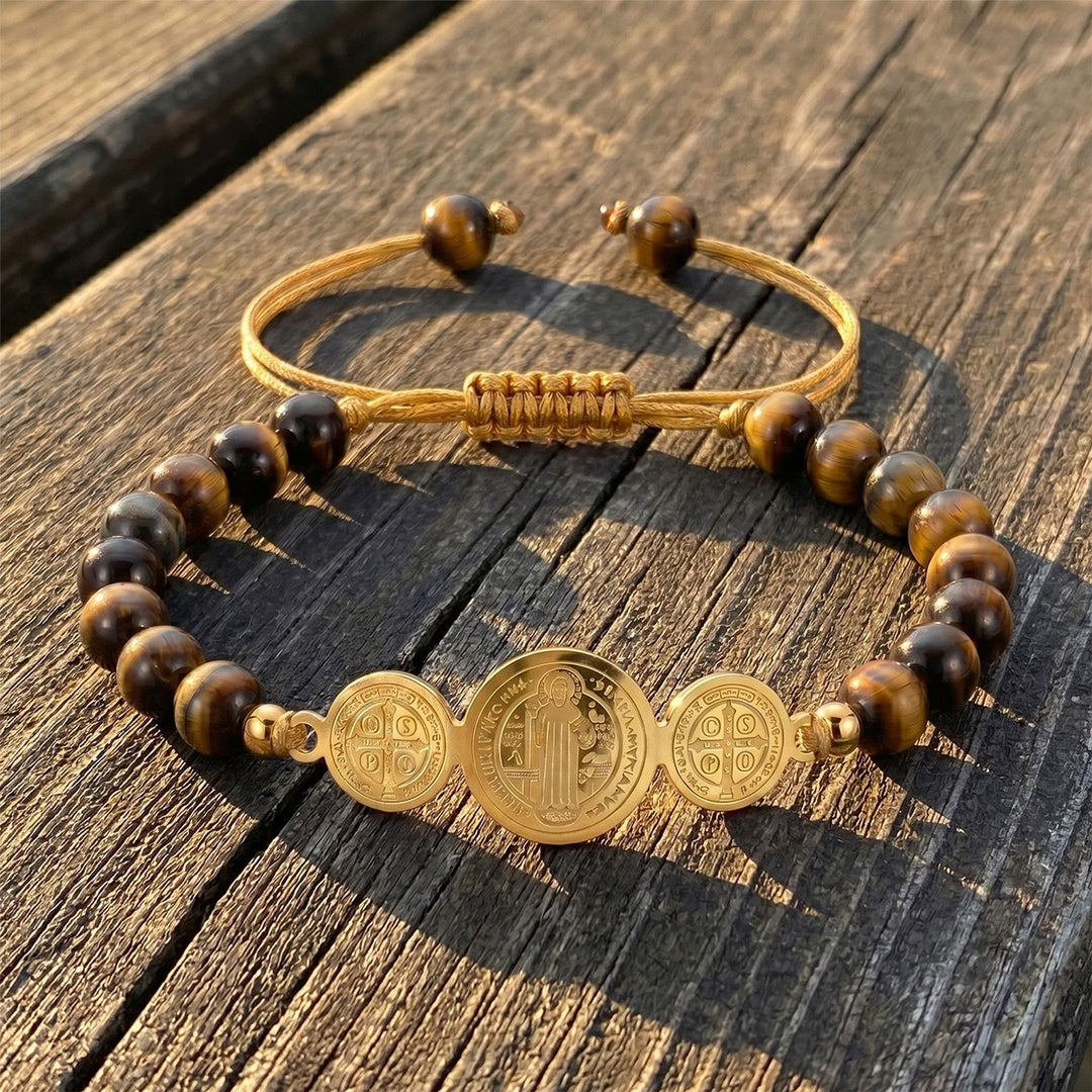 Christianartworkshop Slip Knot Adjustable Saint Beaded Bracelet Emblem Of Timeless Sacred Shelter - Golden - Tiger’s Eye - image 0