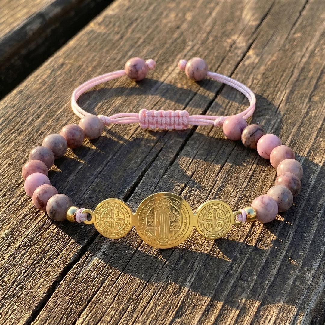 Christianartworkshop Slip Knot Adjustable Saint Beaded Bracelet Emblem Of Timeless Sacred Shelter - Golden - Pink Rhodonite - image 3