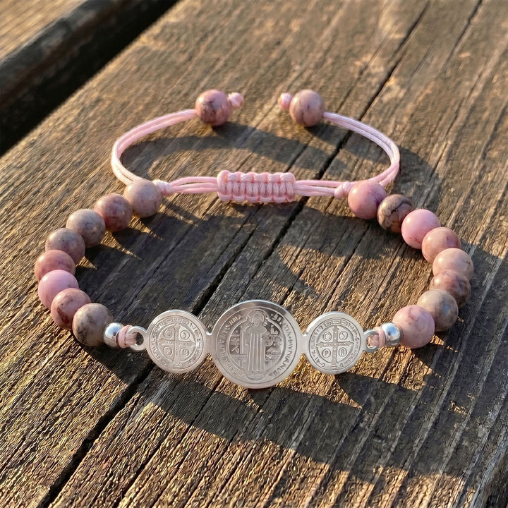 Christianartworkshop Slip Knot Adjustable Saint Beaded Bracelet Emblem Of Timeless Sacred Shelter - Silver - Pink Rhodonite - image 6