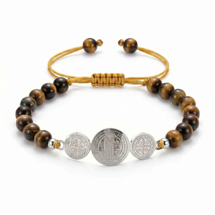 Christianartworkshop Slip Knot Adjustable Saint Beaded Bracelet Emblem Of Timeless Sacred Shelter - Silver - Tiger’s Eye - image 5
