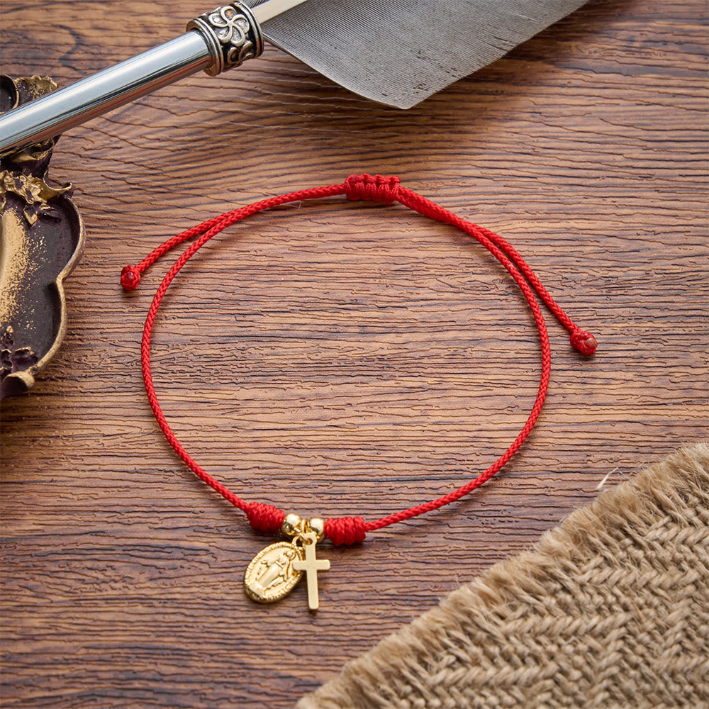 Christianartworkshop Figure‑Embossed Medal Woven Bracelet: Wearable Keepsake Of Timeless Heavenly Grace - Our Lady & Cross - image 0