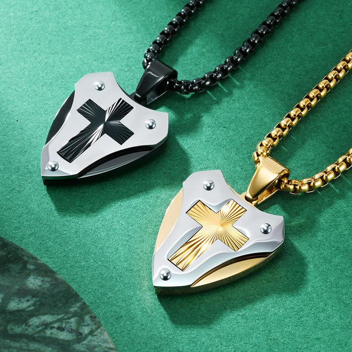 Christianartworkshop Sturdy Titanium Steel Shield‑Shaped Cross Necklace: Symbol Of Unwavering Spiritual Fortitude - image 0