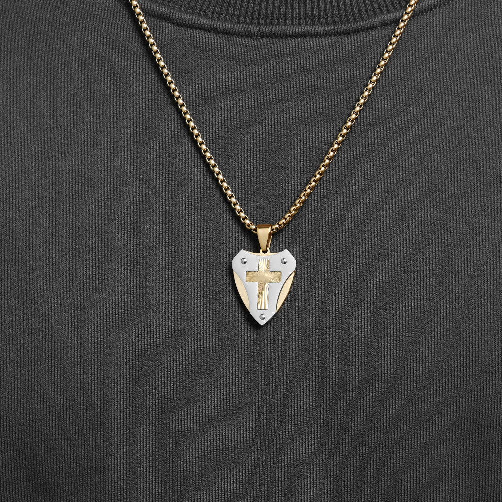 Christianartworkshop Sturdy Titanium Steel Shield‑Shaped Cross Necklace: Symbol Of Unwavering Spiritual Fortitude - Golden - image 1