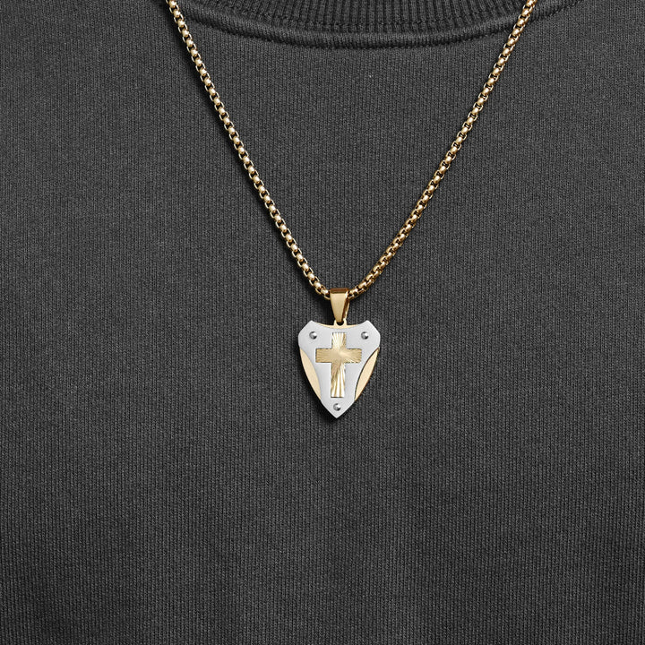 Christianartworkshop Sturdy Titanium Steel Shield‑Shaped Cross Necklace: Symbol Of Unwavering Spiritual Fortitude - Golden - image 1