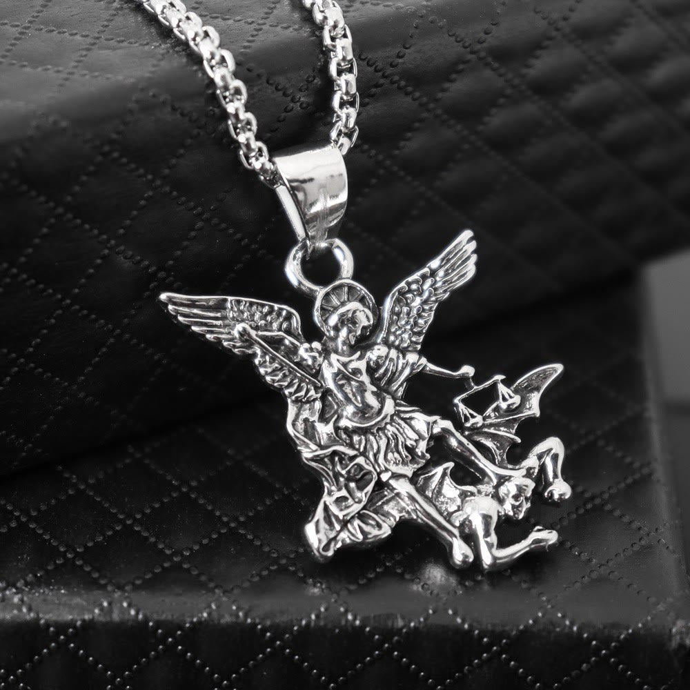 Christianartworkshop Intricate Sculpted Saint Michael Pendant Necklace With Justice Scales: Emblem Of Mighty Heavenly Safeguard - St.Michael - image 0