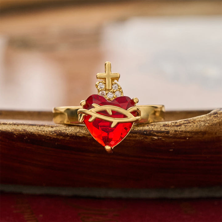 Christianartworkshop Sculpted Sacred Heart Open Band Ring: Emblem Of Tender Heavenly Shelter - Sacred Heart A( Suitable for US Sizes 6‑9) - image 1
