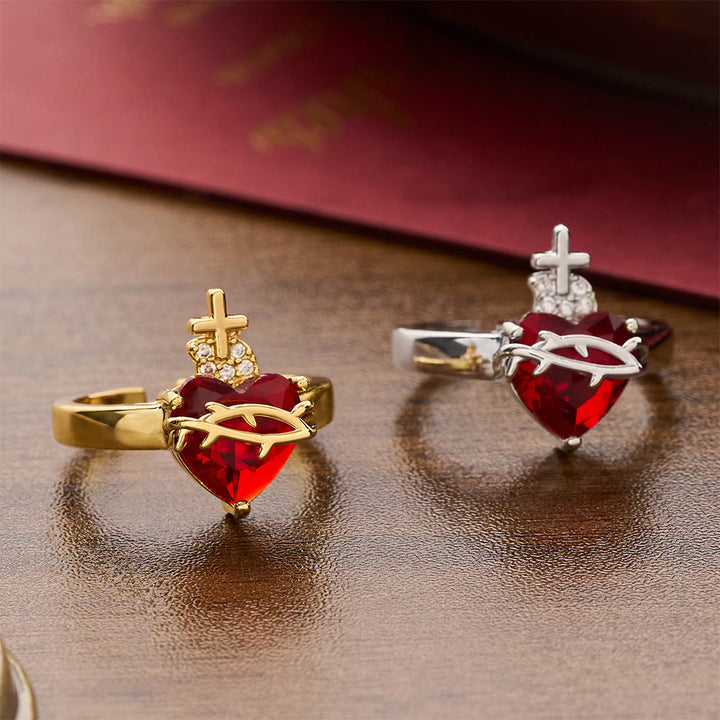 Christianartworkshop Sculpted Sacred Heart Open Band Ring: Emblem Of Tender Heavenly Shelter - image 0