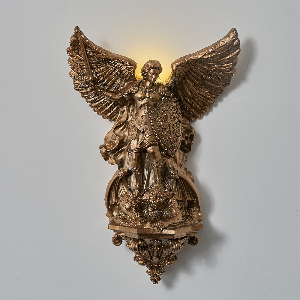 Christianartworkshop Grand Winged Saint Michael Wall Sculpture With Backlight: Emblem Of Noble Heavenly Shelter - St.Michael - image 0