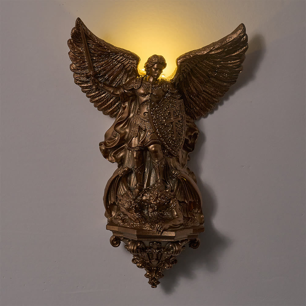 Christianartworkshop Grand Winged Saint Michael Wall Sculpture With Backlight: Emblem Of Noble Heavenly Shelter - image 1