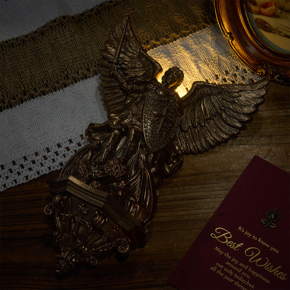 Christianartworkshop Grand Winged Saint Michael Wall Sculpture With Backlight: Emblem Of Noble Heavenly Shelter - image 2