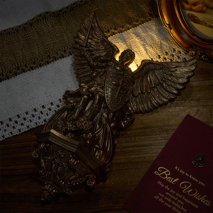 Christianartworkshop Grand Winged Saint Michael Wall Sculpture With Backlight: Emblem Of Noble Heavenly Shelter - image 2