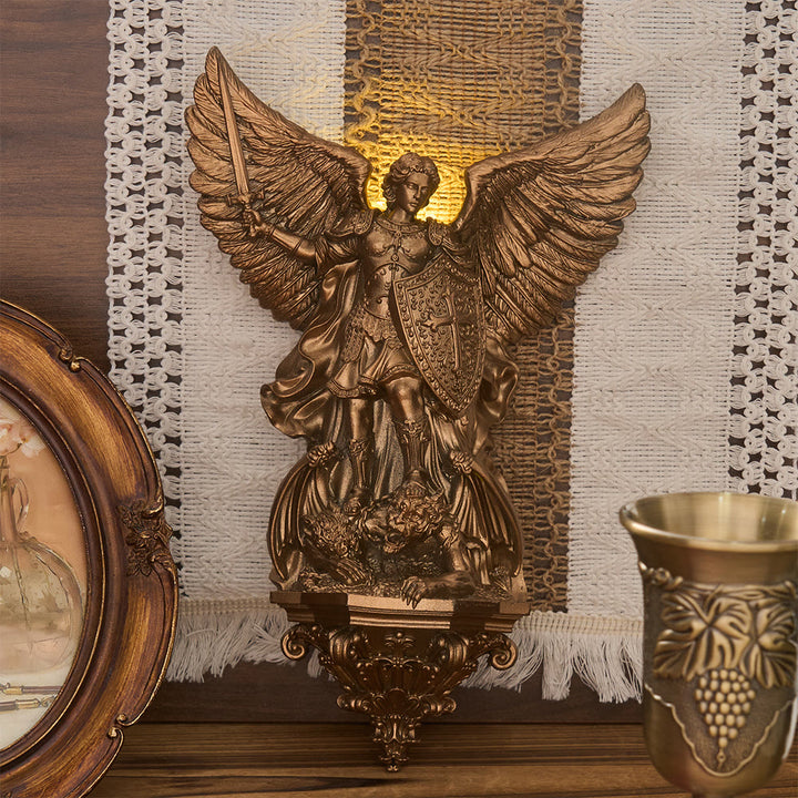 Christianartworkshop Grand Winged Saint Michael Wall Sculpture With Backlight: Emblem Of Noble Heavenly Shelter - image 4