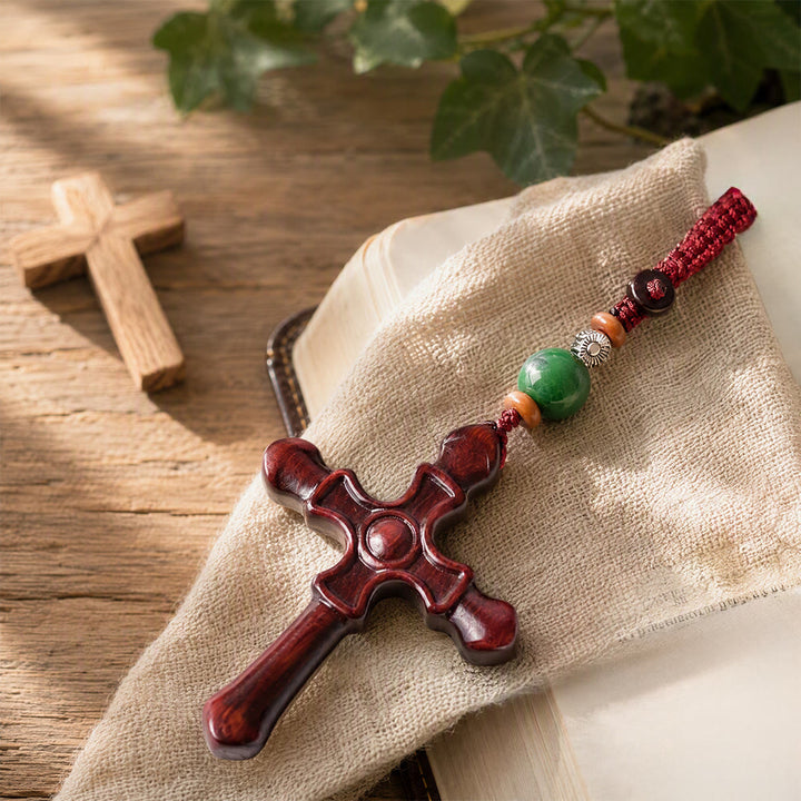Christianartworkshop Multi‑Style Carved Solid Wood Cross Keychain: Symbol Of Gentle Spiritual Fortitude - Floral Round - image 4