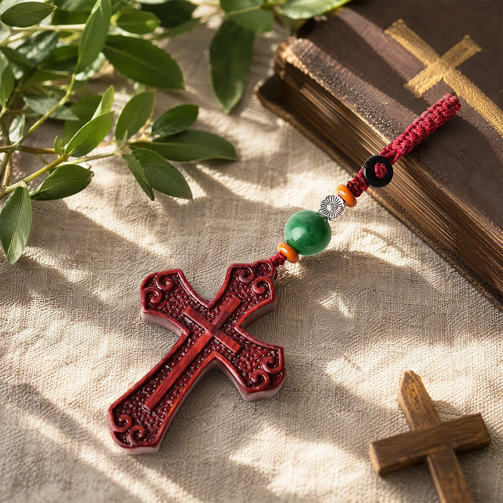 Christianartworkshop Multi‑Style Carved Solid Wood Cross Keychain: Symbol Of Gentle Spiritual Fortitude - Gothic Scroll - image 0
