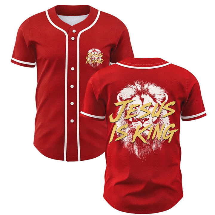 Christianartworkshop Jesus Is King Lion Graphic Mesh Baseball Jersey - Red - 5XL - image 21