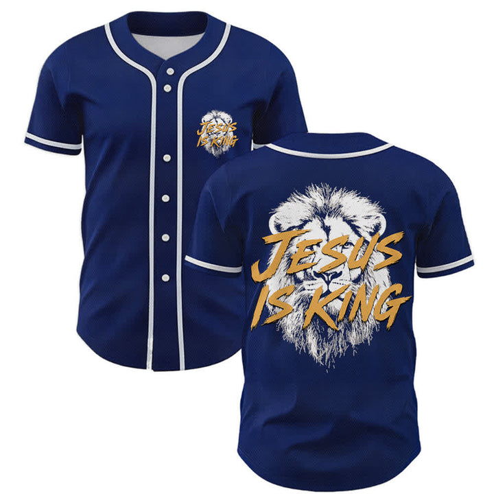 Christianartworkshop Jesus Is King Lion Graphic Mesh Baseball Jersey - Navy - 5XL - image 0