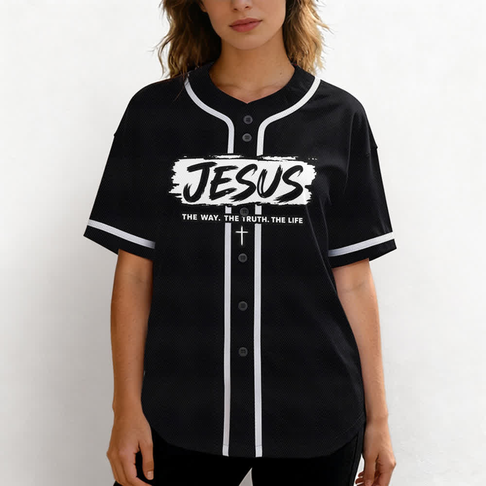 Christianartworkshop Jesus The Way Brush Print Black Baseball Jersey - image 4